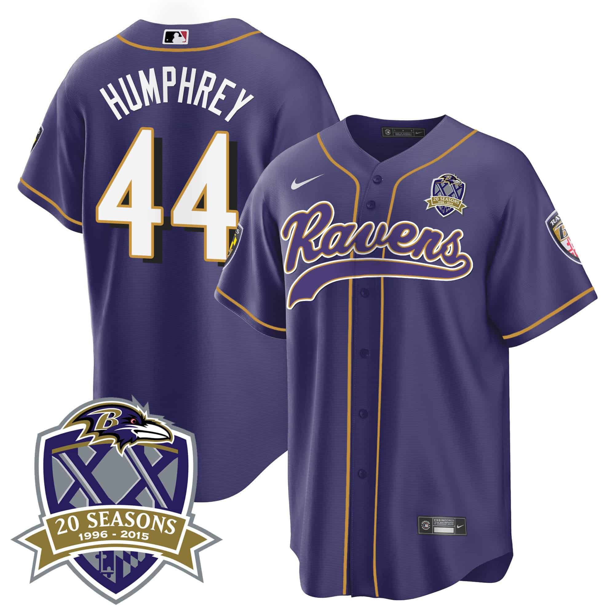Men Baltimore Ravens #44 Humphrey Purple 2024 Nike 20th Season Patch Baseball NFL Jersey style 1